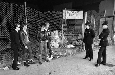 The Damned, Dave Vanian, Captain Sensible, Brian James, Rat Scabies, ‘Westway Session Interrupted by Police’ © Adrian Boot at Proud Galleries